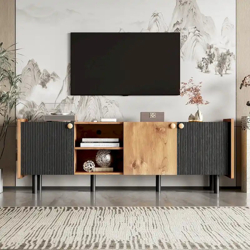Meuble TV scandinave avec 3 armoires, console multimédia pour TV jusqu'à 70 pouces, meuble de rangement pour salon