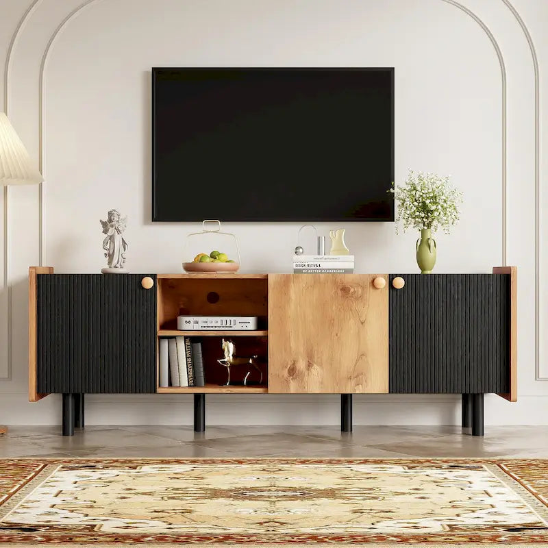 Meuble TV scandinave avec 3 armoires, console multimédia pour TV jusqu'à 70 pouces, meuble de rangement pour salon