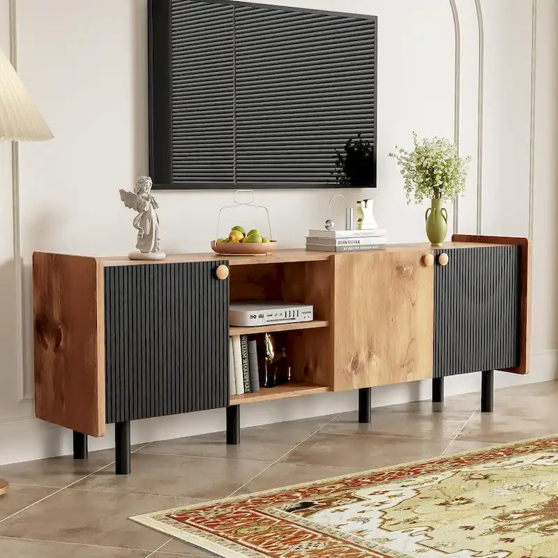 Meuble TV scandinave avec 3 armoires, console multimédia pour TV jusqu'à 70 pouces, meuble de rangement pour salon