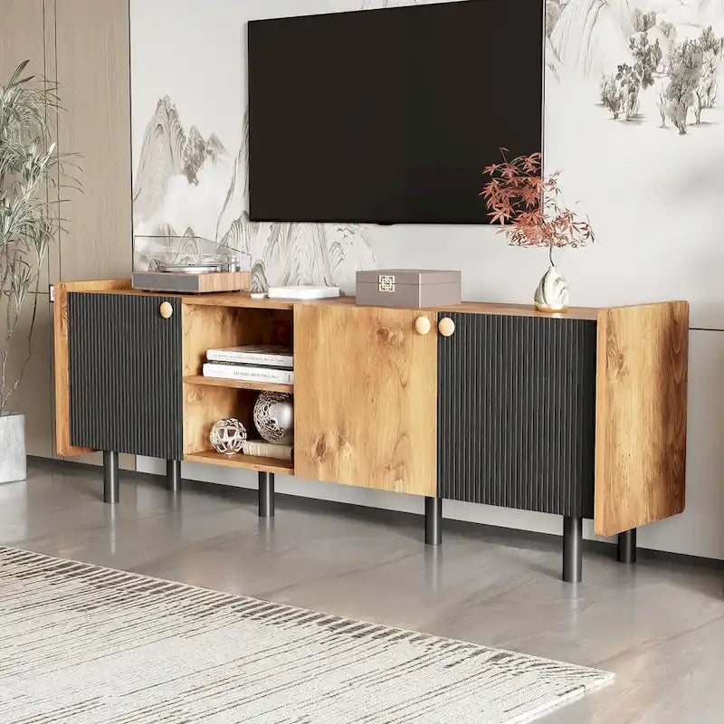 Meuble TV scandinave avec 3 armoires, console multimédia pour TV jusqu'à 70 pouces, meuble de rangement pour salon