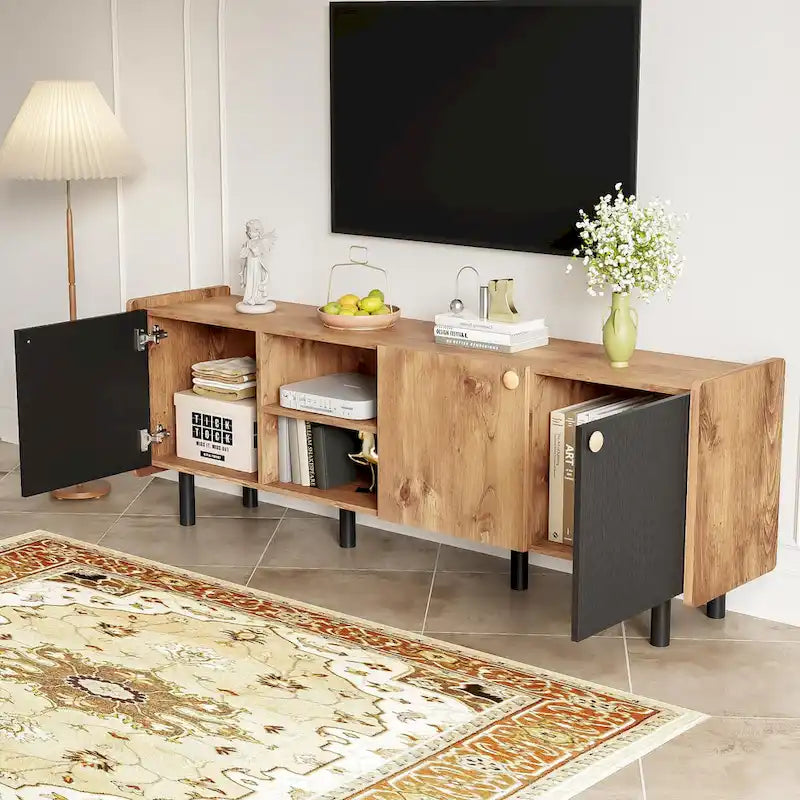 Meuble TV scandinave avec 3 armoires, console multimédia pour TV jusqu'à 70 pouces, meuble de rangement pour salon