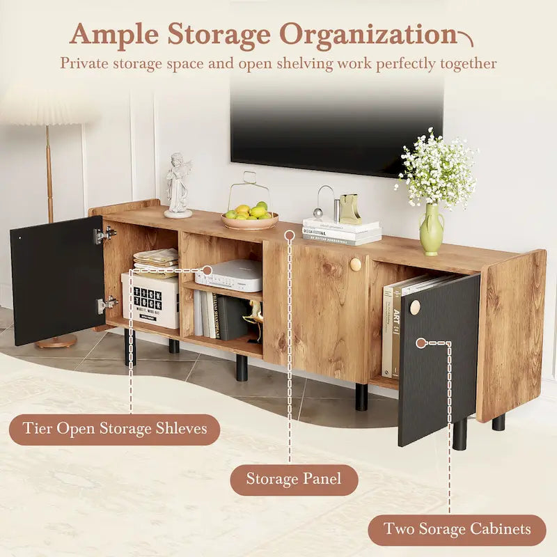 Meuble TV scandinave avec 3 armoires, console multimédia pour TV jusqu'à 70 pouces, meuble de rangement pour salon