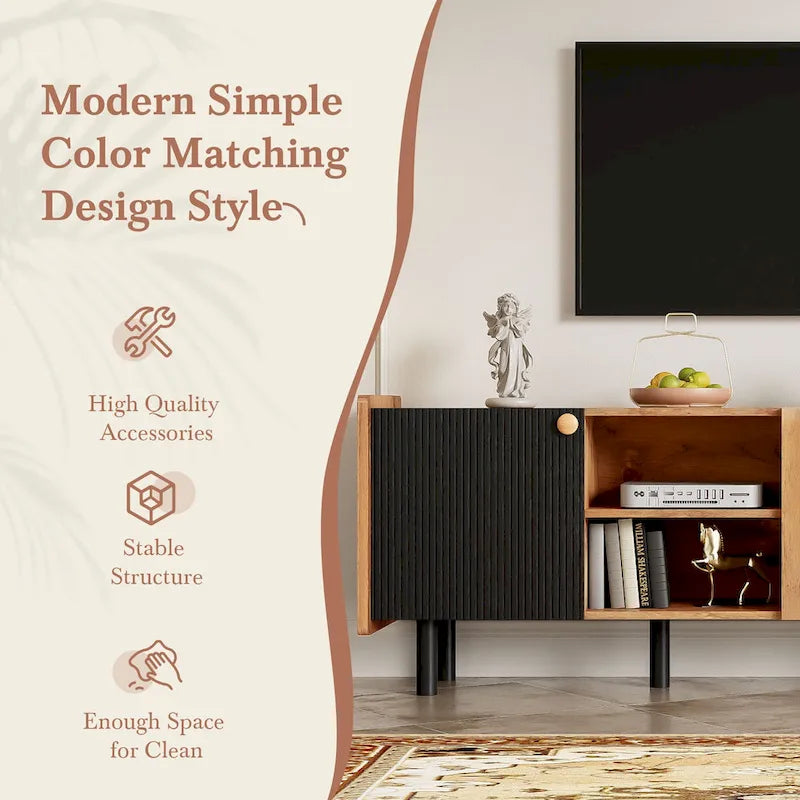 Meuble TV scandinave avec 3 armoires, console multimédia pour TV jusqu'à 70 pouces, meuble de rangement pour salon
