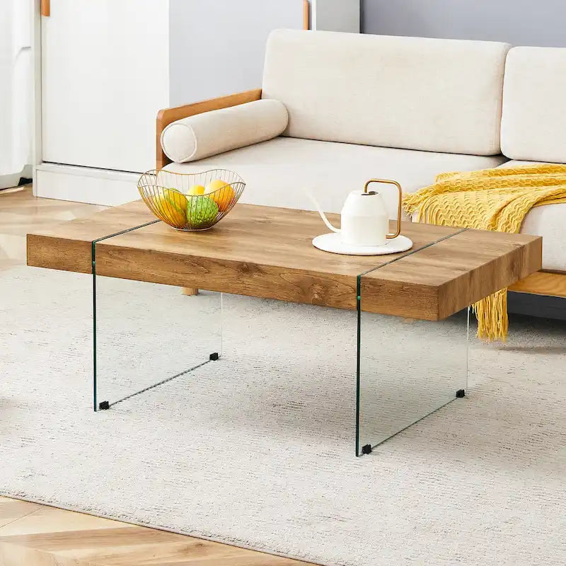 Table basse rectangulaire avec pieds en verre trempé, tables d'appoint en bois, tables basses en bois pour salon, salle de réception