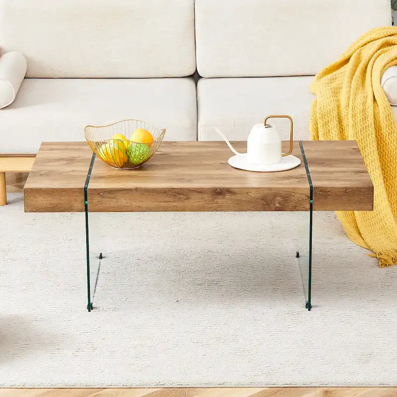 Table basse rectangulaire avec pieds en verre trempé, tables d'appoint en bois, tables basses en bois pour salon, salle de réception