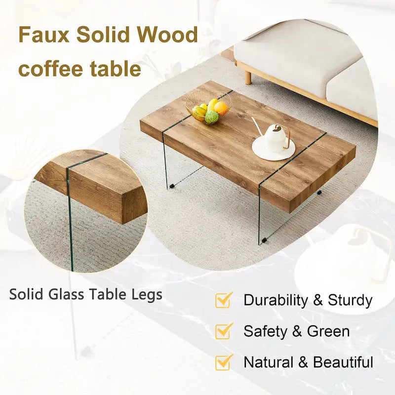 Table basse rectangulaire avec pieds en verre trempé, tables d'appoint en bois, tables basses en bois pour salon, salle de réception
