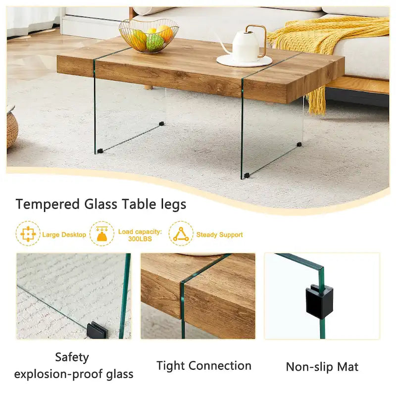Table basse rectangulaire avec pieds en verre trempé, tables d'appoint en bois, tables basses en bois pour salon, salle de réception