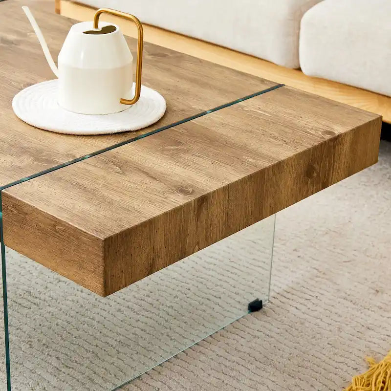 Table basse rectangulaire avec pieds en verre trempé, tables d'appoint en bois, tables basses en bois pour salon, salle de réception