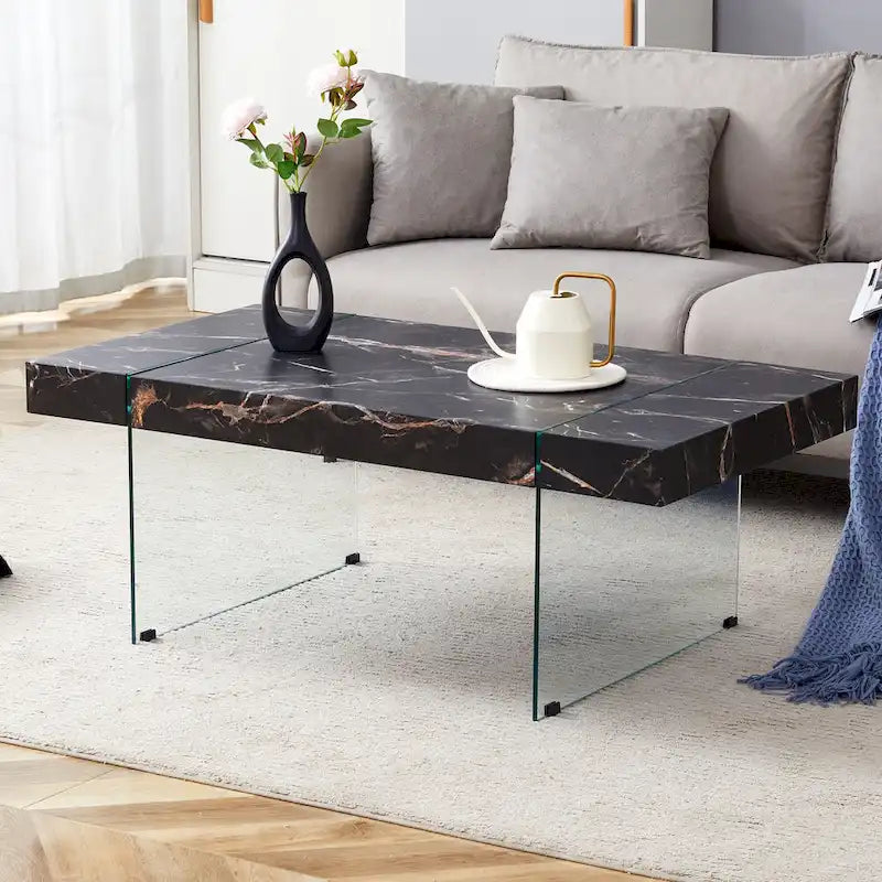 Table basse rectangulaire avec pieds en verre trempé, tables d'appoint en bois, tables basses en bois pour salon, salle de réception