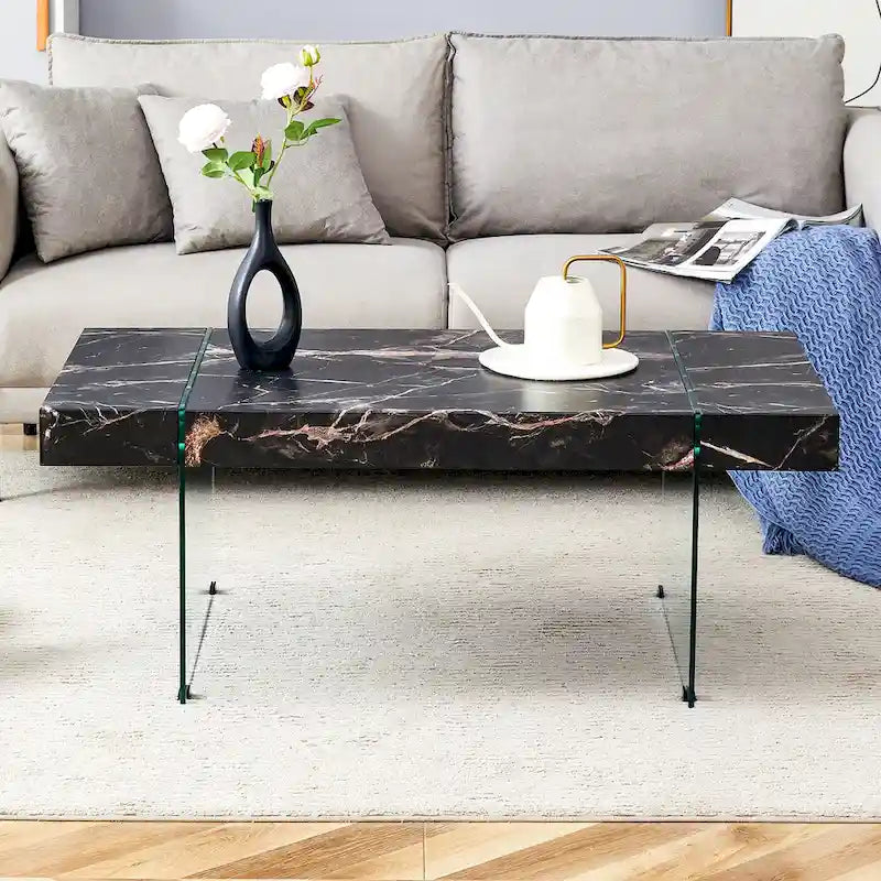 Table basse rectangulaire avec pieds en verre trempé, tables d'appoint en bois, tables basses en bois pour salon, salle de réception