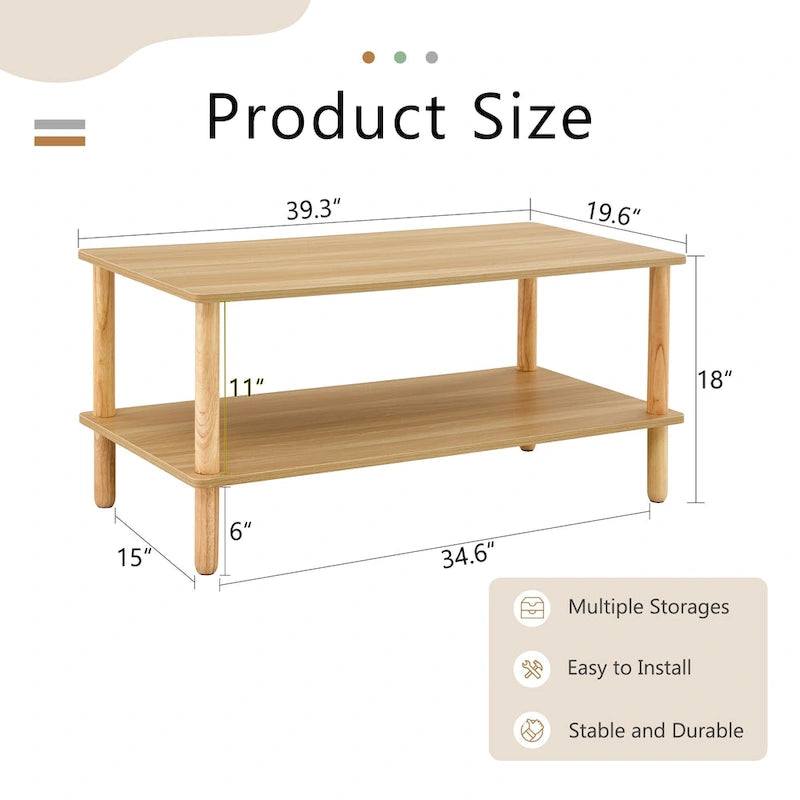 Table basse de 39 pouces avec pieds en hévéa à 2 niveaux