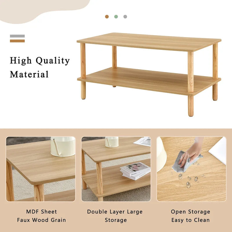 Table basse de 39 pouces avec pieds en hévéa à 2 niveaux