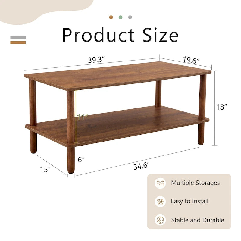Table basse de 39 pouces avec pieds en hévéa à 2 niveaux