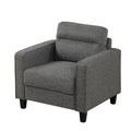 Un fauteuil de style moderne avec des pieds coniques en bois massif et des coussins en tissu ; un canapé individuel.