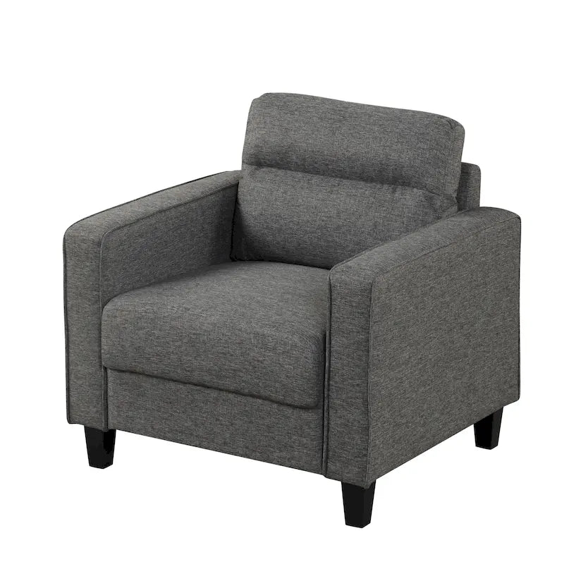Un fauteuil de style moderne avec des pieds coniques en bois massif et des coussins en tissu ; un canapé individuel.