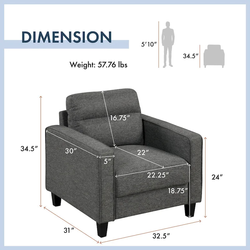 Un fauteuil de style moderne avec des pieds coniques en bois massif et des coussins en tissu ; un canapé individuel.
