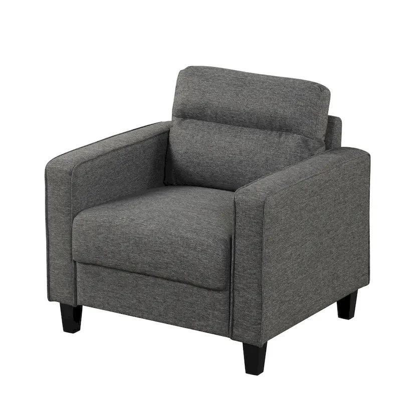Un fauteuil de style moderne avec des pieds coniques en bois massif et des coussins en tissu ; un canapé individuel.