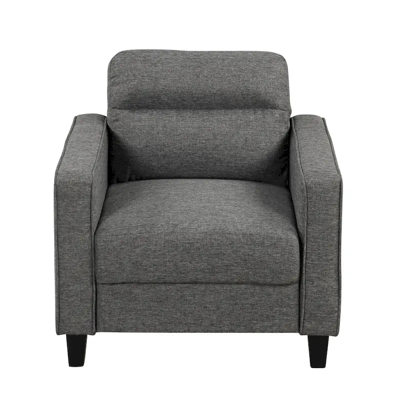 Un fauteuil de style moderne avec des pieds coniques en bois massif et des coussins en tissu ; un canapé individuel.