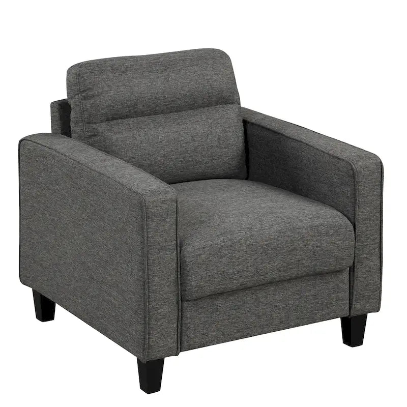 Un fauteuil de style moderne avec des pieds coniques en bois massif et des coussins en tissu ; un canapé individuel.