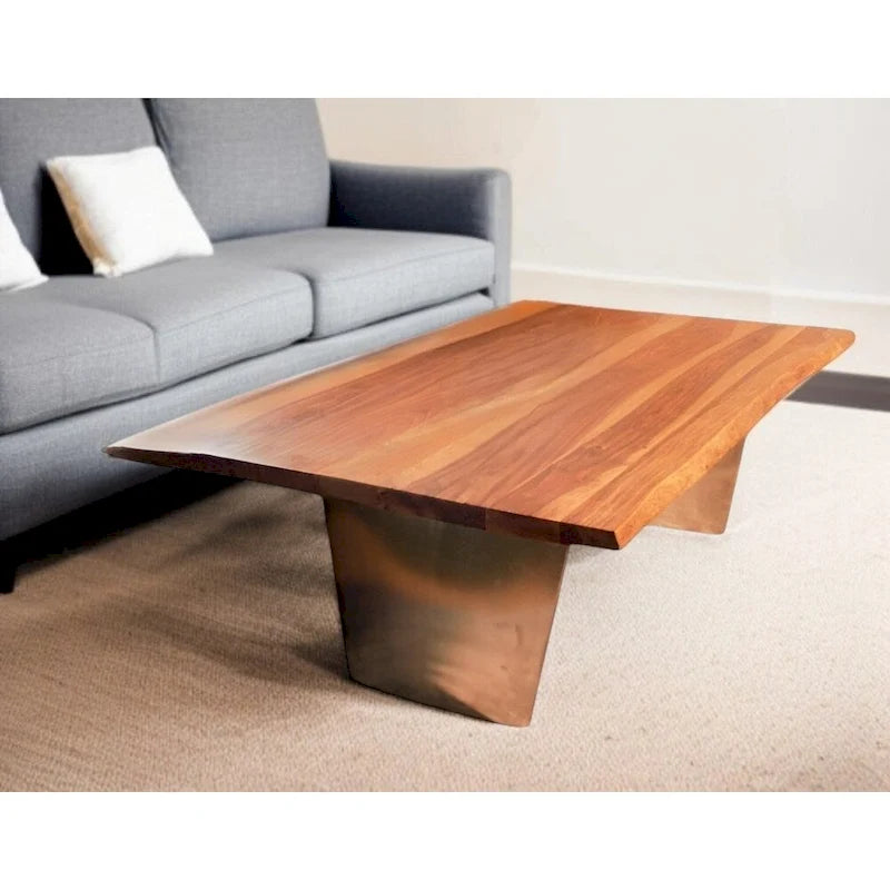 31 Table basse en bois de manguier massif à bord naturel, marron rustique