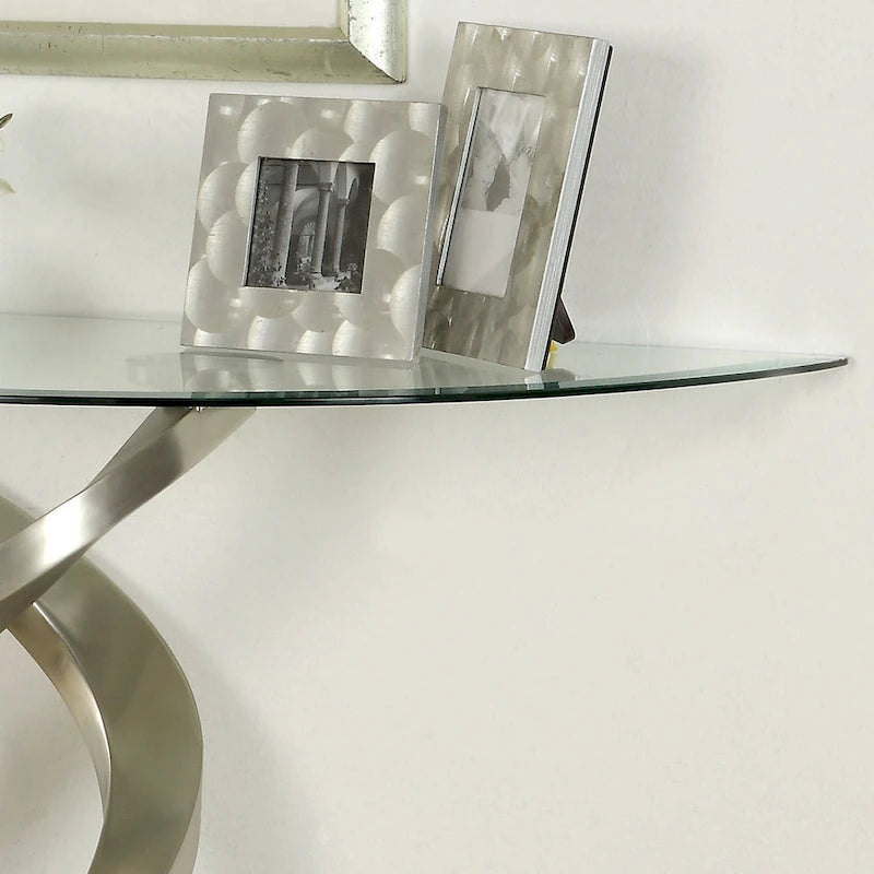 Table de canapé en demi-lune de 45 pouces en verre trempé argenté