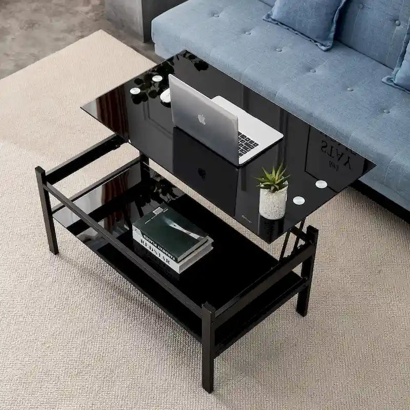 Table basse relevable en verre, noire