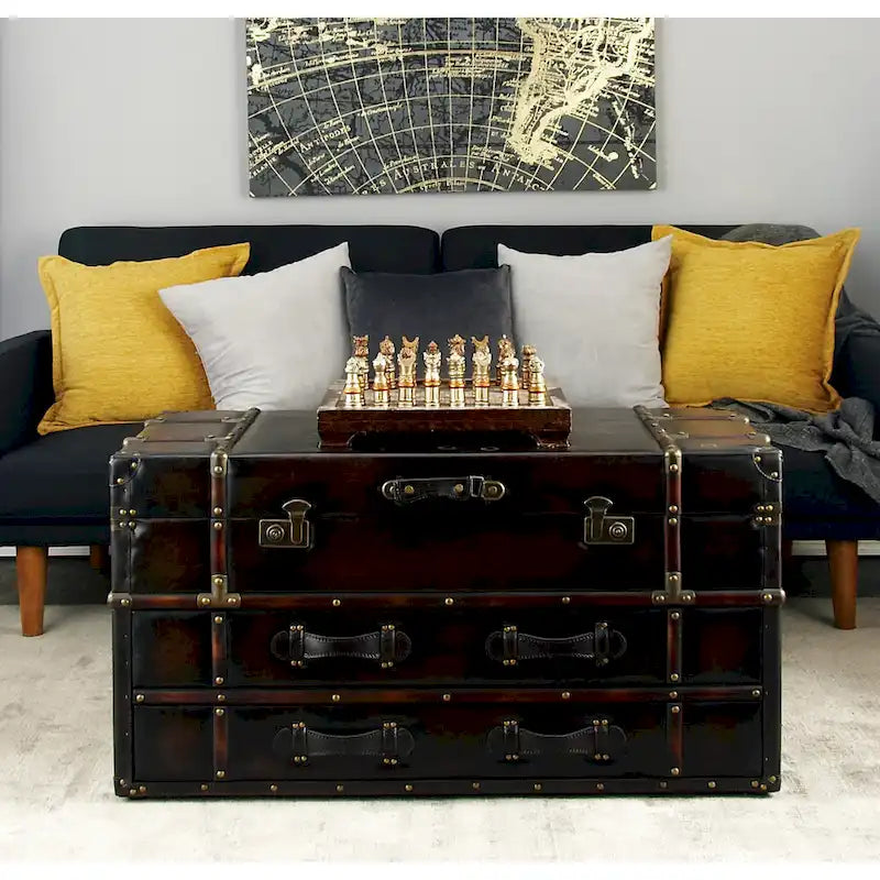 Table basse à 2 tiroirs avec plateau à charnières à boucle en similicuir ou en lin - Bleu foncé ou marron