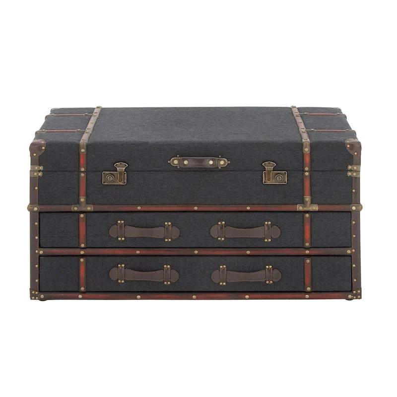 Table basse à 2 tiroirs avec plateau à charnières à boucle en similicuir ou en lin - Bleu foncé ou marron