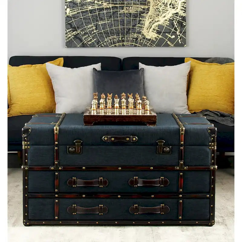 Table basse à 2 tiroirs avec plateau à charnières à boucle en similicuir ou en lin - Bleu foncé ou marron