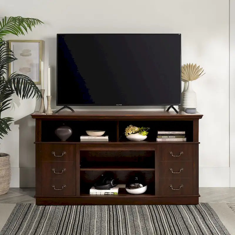 Meuble TV Rétro 60W, 2 armoires et étagères ouvertes - 60W*15.75D*34.25H