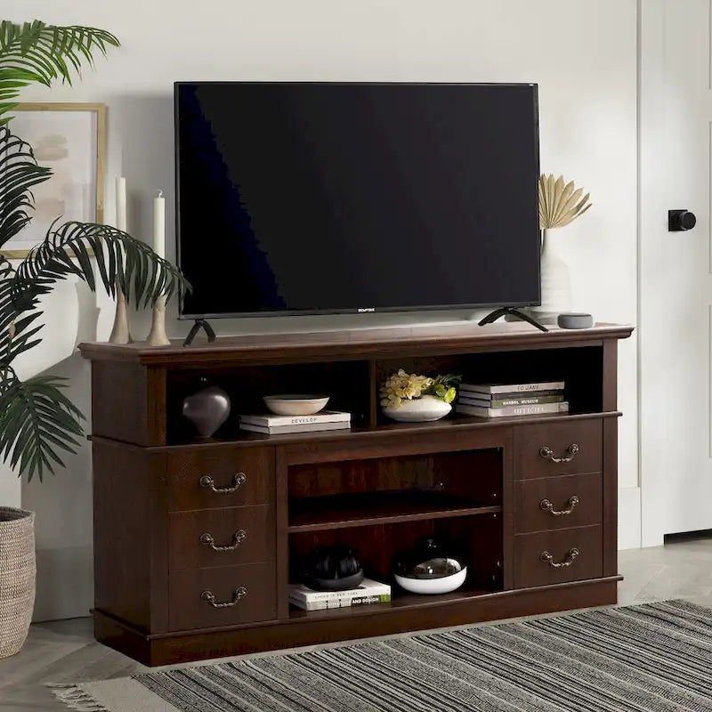 Meuble TV Rétro 60W, 2 armoires et étagères ouvertes - 60W*15.75D*34.25H