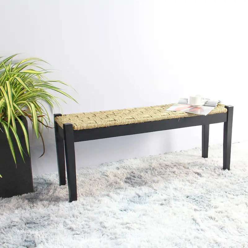 Banc d'intérieur en bois massif et jonc de mer naturel