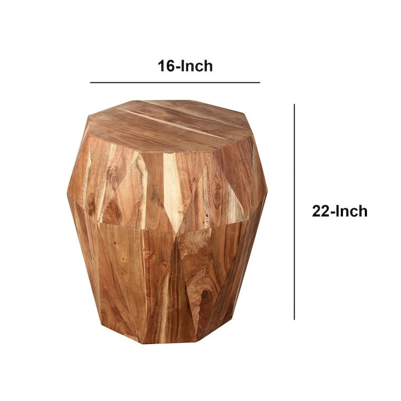 Table d'appoint en bois de manguier facetté fait main de 21,5 pouces avec plateau octogonal, brun naturel - 16L x 16W x 21,5H