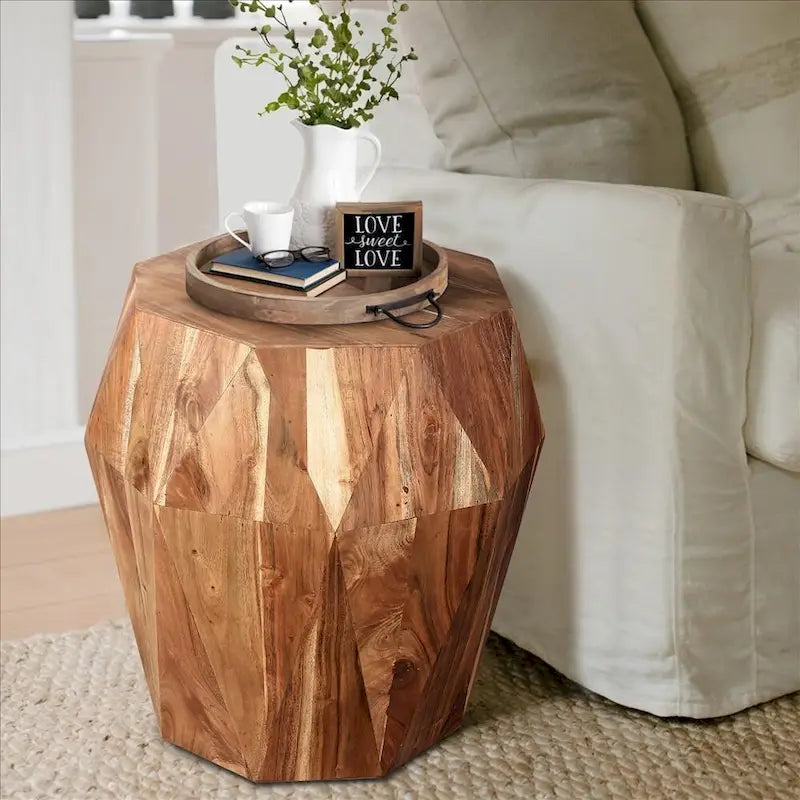 Table d'appoint en bois de manguier facetté fait main de 21,5 pouces avec plateau octogonal, brun naturel - 16L x 16W x 21,5H