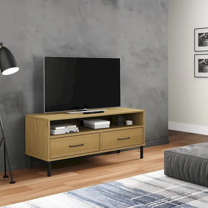 Meuble TV XL Meuble TV Console TV avec pieds en métal Bois de pin massif OSLO - 106 x 40 x 46,5 cm