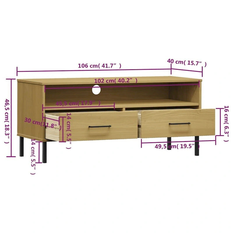 Meuble TV XL Meuble TV Console TV avec pieds en métal Bois de pin massif OSLO - 106 x 40 x 46,5 cm