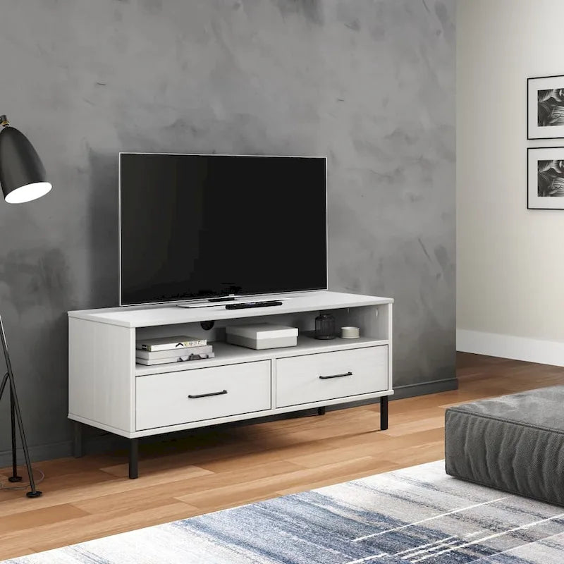 Meuble TV XL Meuble TV Console TV avec pieds en métal Bois de pin massif OSLO - 106 x 40 x 46,5 cm