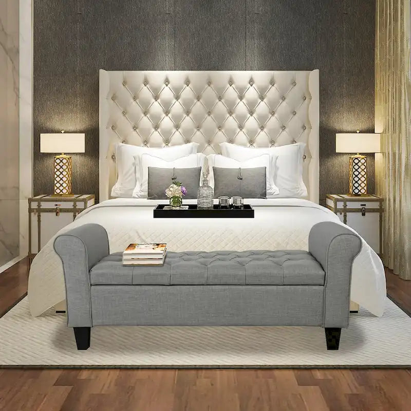 Banc de rangement capitonné en tissu avec couvercle à charnière