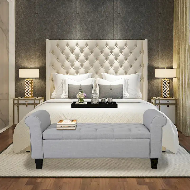 Banc de rangement capitonné en tissu avec couvercle à charnière
