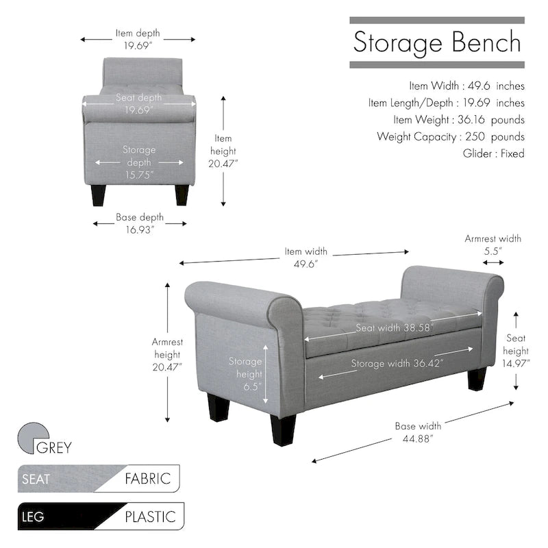 Banc de rangement capitonné en tissu avec couvercle à charnière