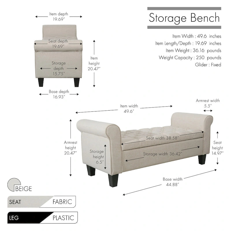 Banc de rangement capitonné en tissu avec couvercle à charnière