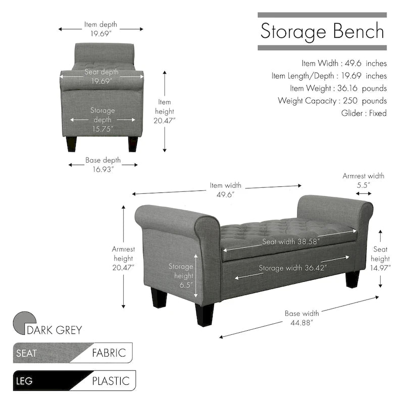 Banc de rangement capitonné en tissu avec couvercle à charnière