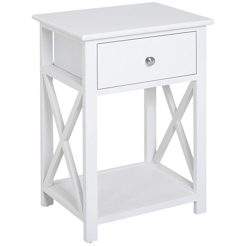 Table d'appoint, table de chevet de style campagnard avec tiroir de rangement, étagère ouverte et cadre en X, table de chevet pour salon, blanc
