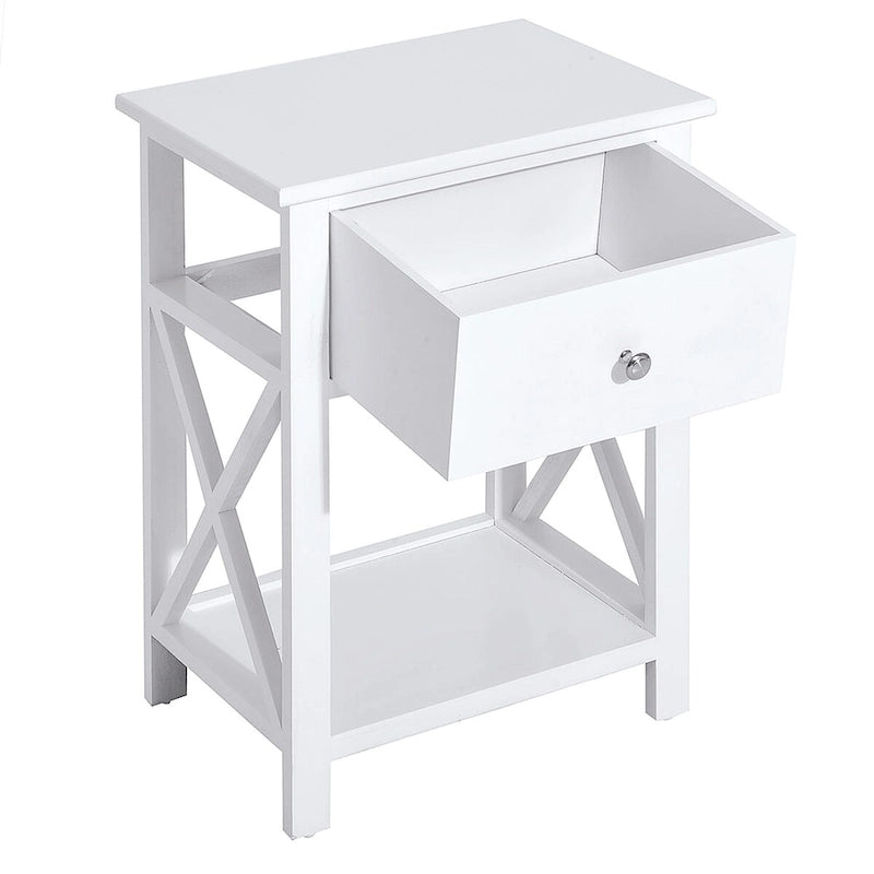 Table d'appoint, table de chevet de style campagnard avec tiroir de rangement, étagère ouverte et cadre en X, table de chevet pour salon, blanc