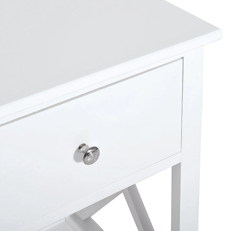 Table d'appoint, table de chevet de style campagnard avec tiroir de rangement, étagère ouverte et cadre en X, table de chevet pour salon, blanc