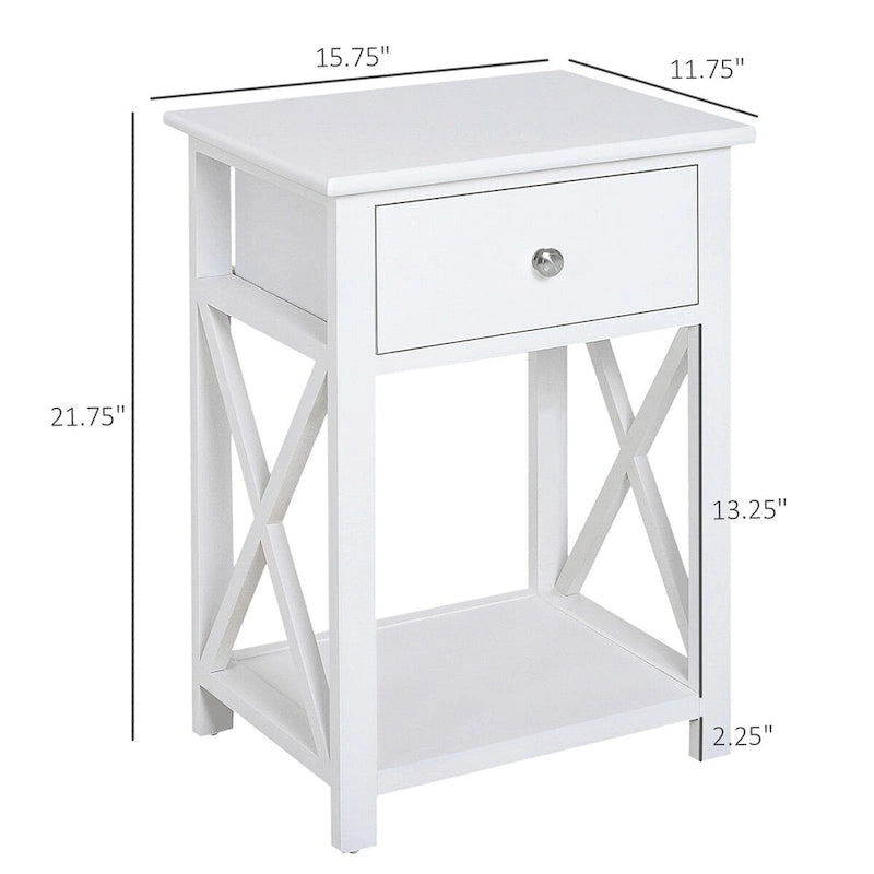 Table d'appoint, table de chevet de style campagnard avec tiroir de rangement, étagère ouverte et cadre en X, table de chevet pour salon, blanc