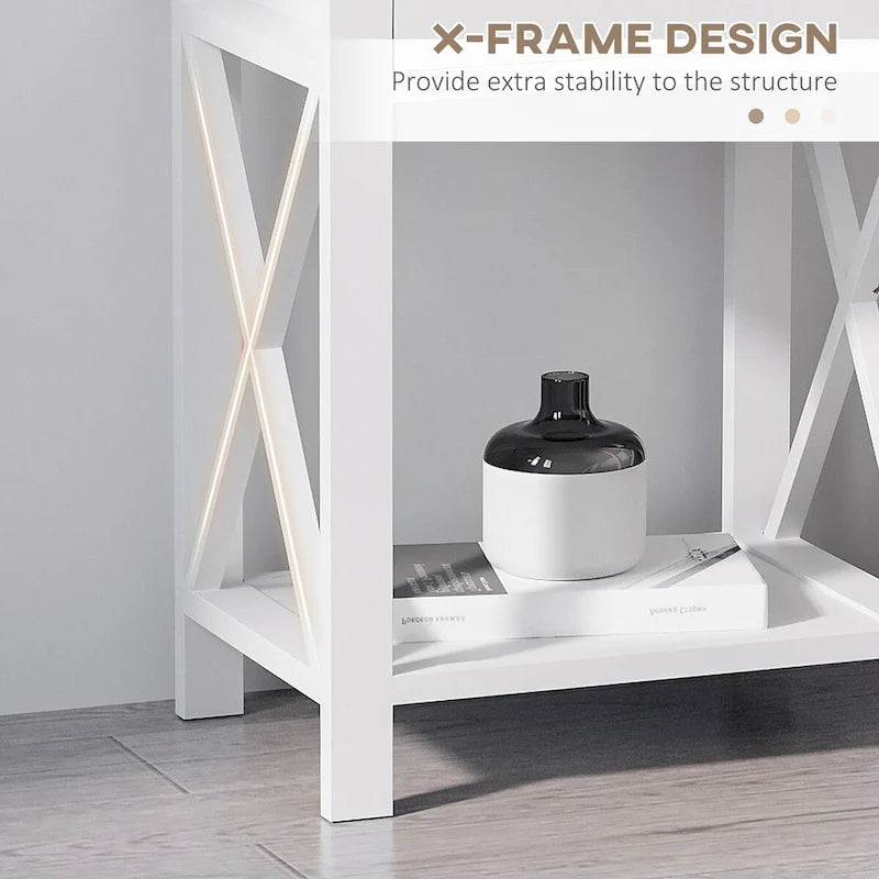Table d'appoint, table de chevet de style campagnard avec tiroir de rangement, étagère ouverte et cadre en X, table de chevet pour salon, blanc