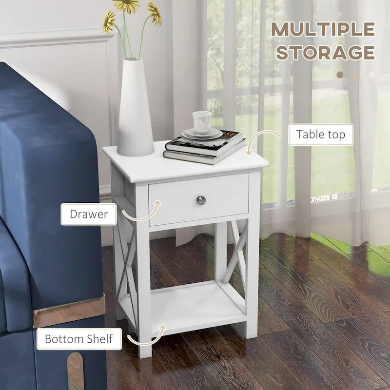 Table d'appoint, table de chevet de style campagnard avec tiroir de rangement, étagère ouverte et cadre en X, table de chevet pour salon, blanc