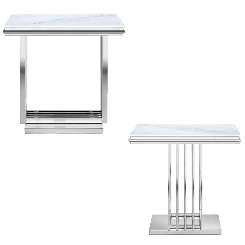 Table d'appoint de luxe en argent et verre avec plateau carré de 24 pouces et base en acier inoxydable