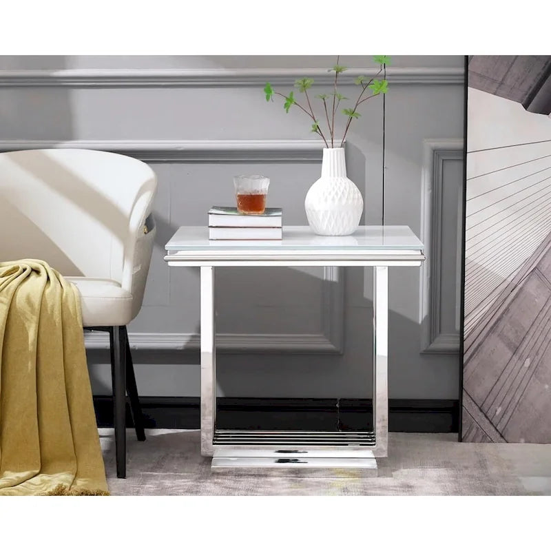 Table d'appoint de luxe en argent et verre avec plateau carré de 24 pouces et base en acier inoxydable